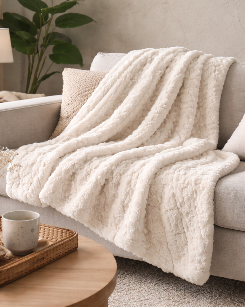 Cozy living room with a beige sofa, white blanket, and decorative items.