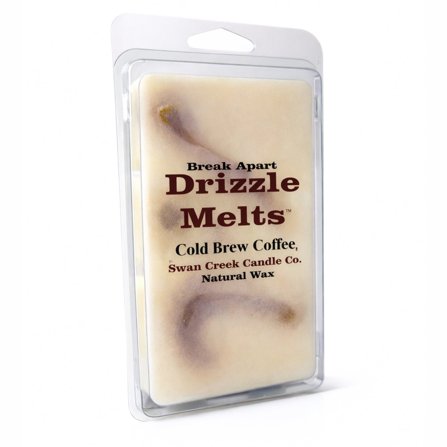 Drizzle Melts wax package with 'Cold Brew Coffee' flavor from Swan Creek Candle Co. on a white background.