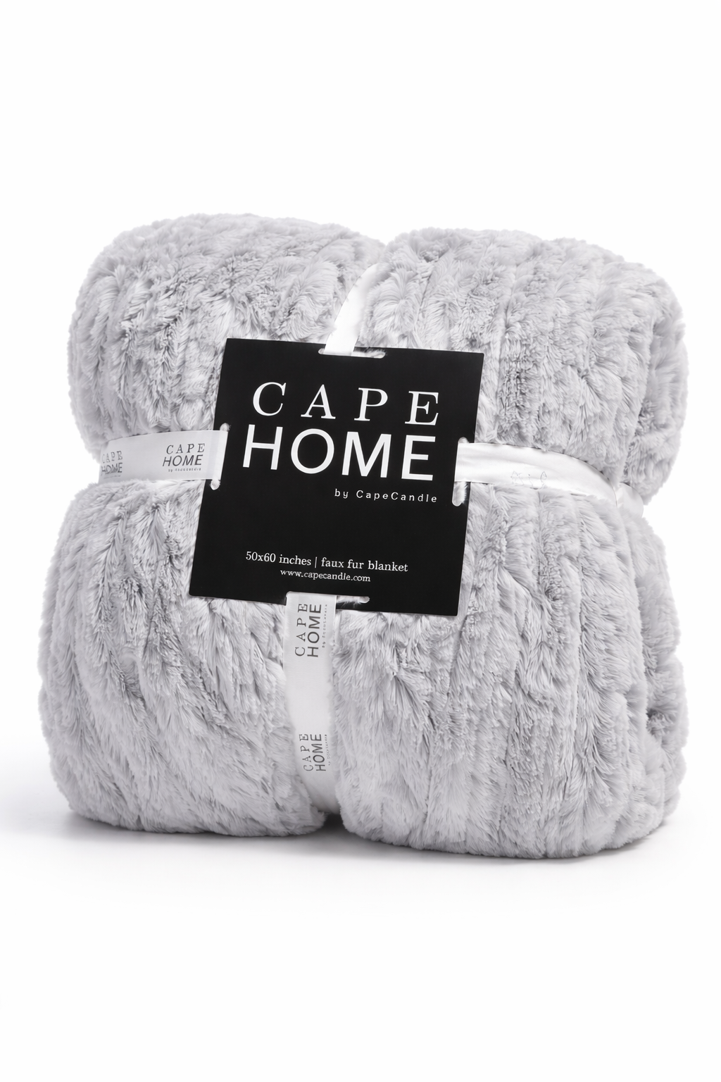 Gray blanket with 'Cape Home' label on a white background