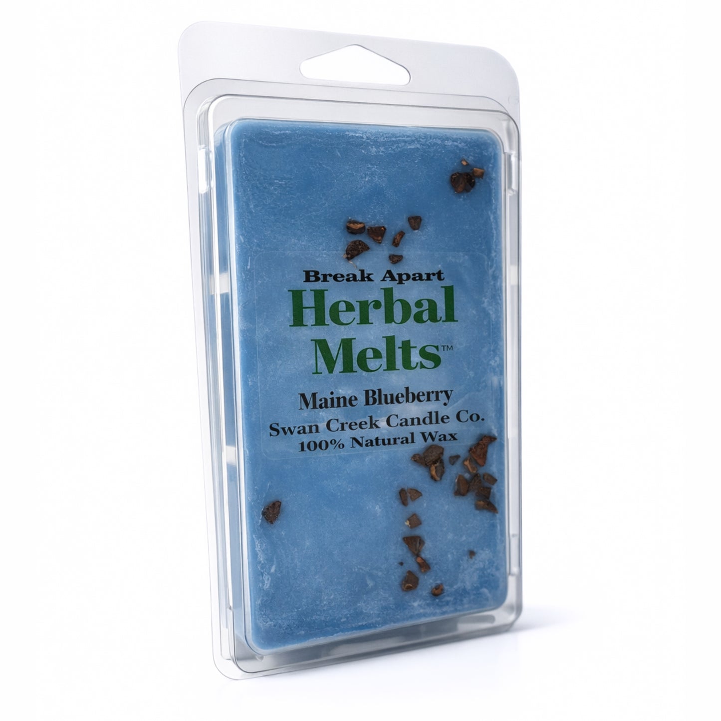 Packaged Herbal Melts with blue wax and visible branding on a white background