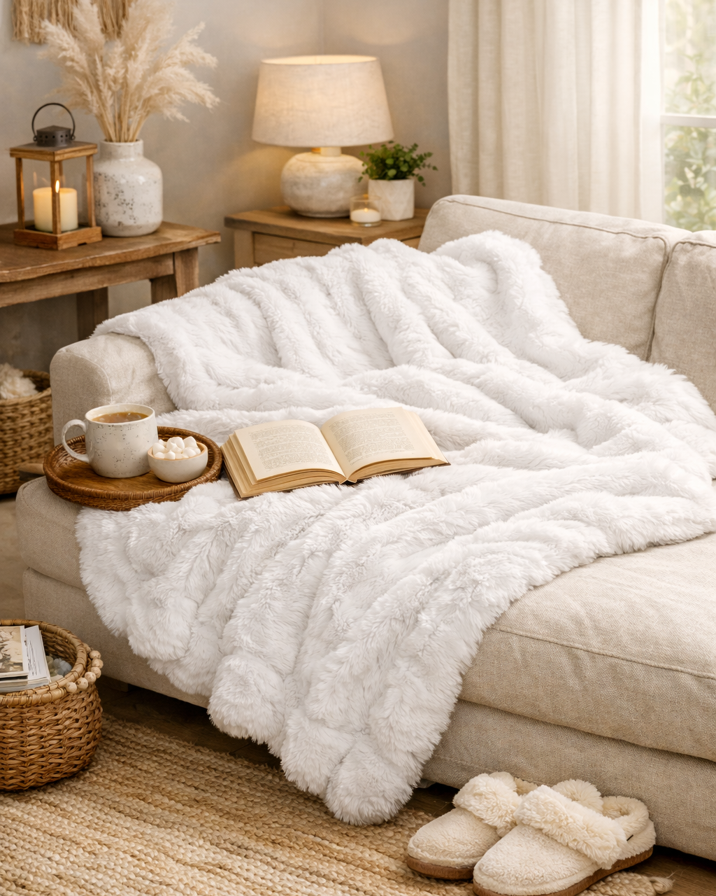 Cozy living room with a white textured blanket draped over a sofa, a book, and a cup on a small table.