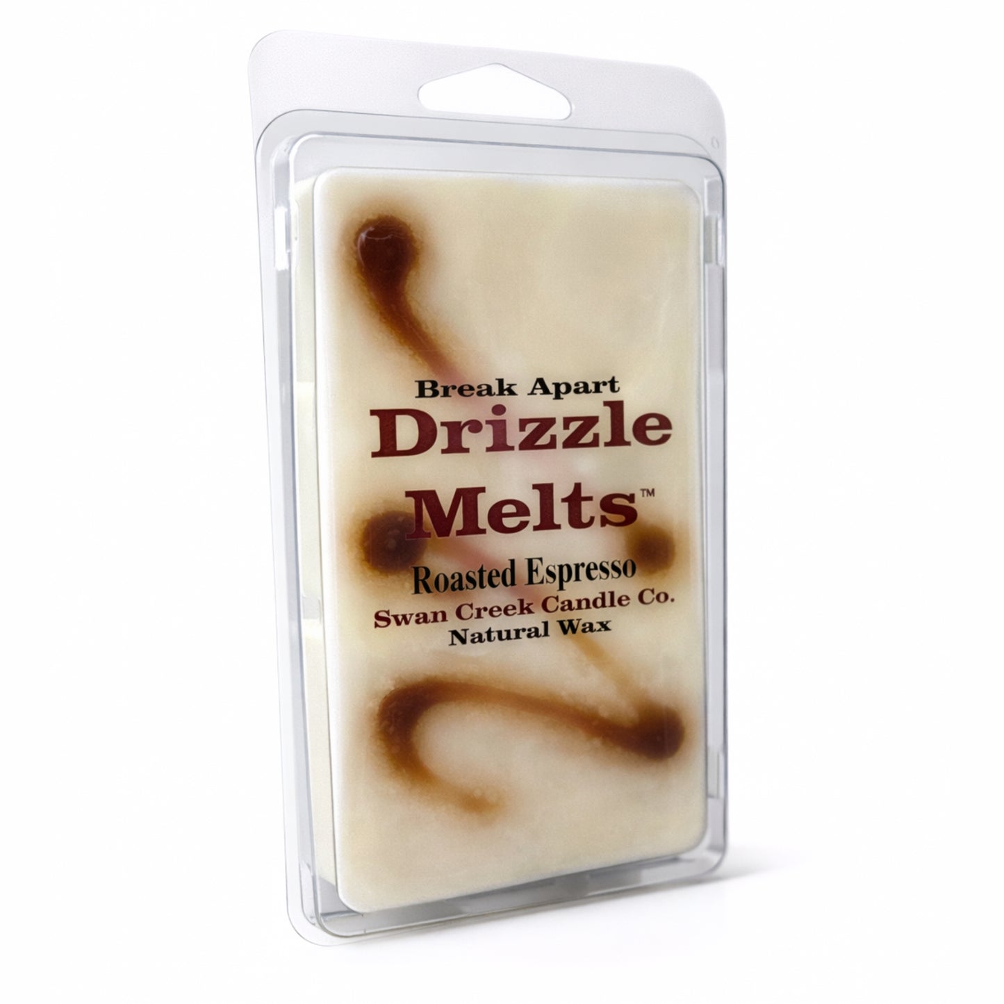Drizzle Melts wax package with 'Roasted Espresso' flavor on a white background