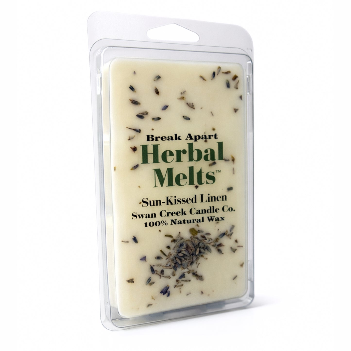 Herbal wax melt package with lavender pieces on a white background