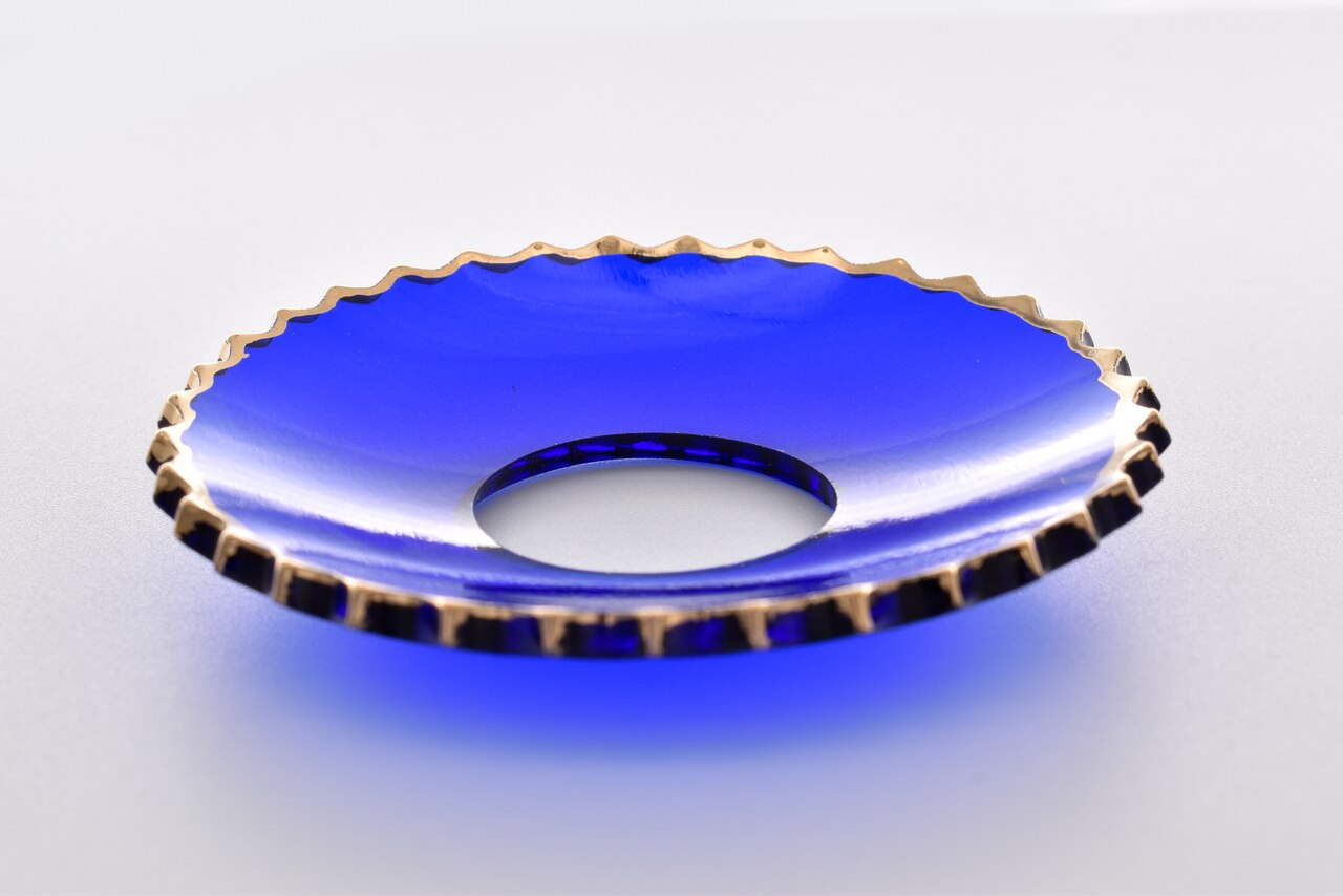 Bobeche - SET OF 2 Blue with Gold Ridged Border Glass 2.75 Inch