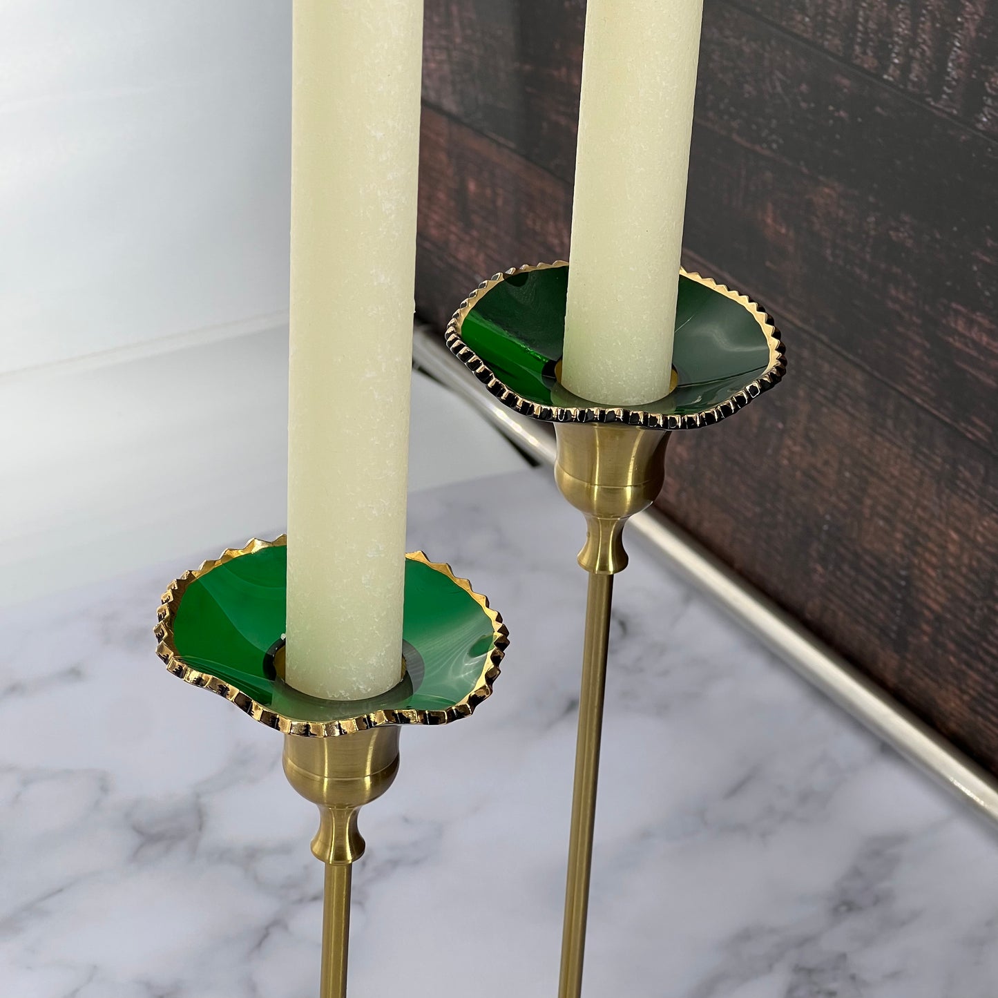 Bobeche - SET OF 2 Green Fluted with Gold Rim Glass 2.75 Inch