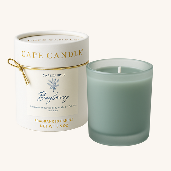 Cape Candle Bayberry candle with packaging on a white background