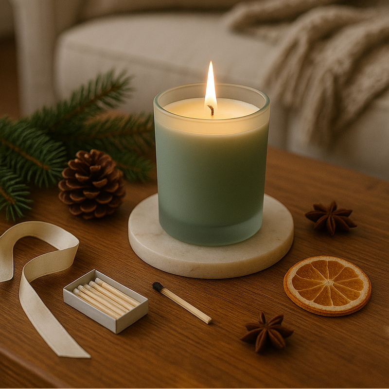 Candle on a wooden table with decorative elements in a cozy living room setting