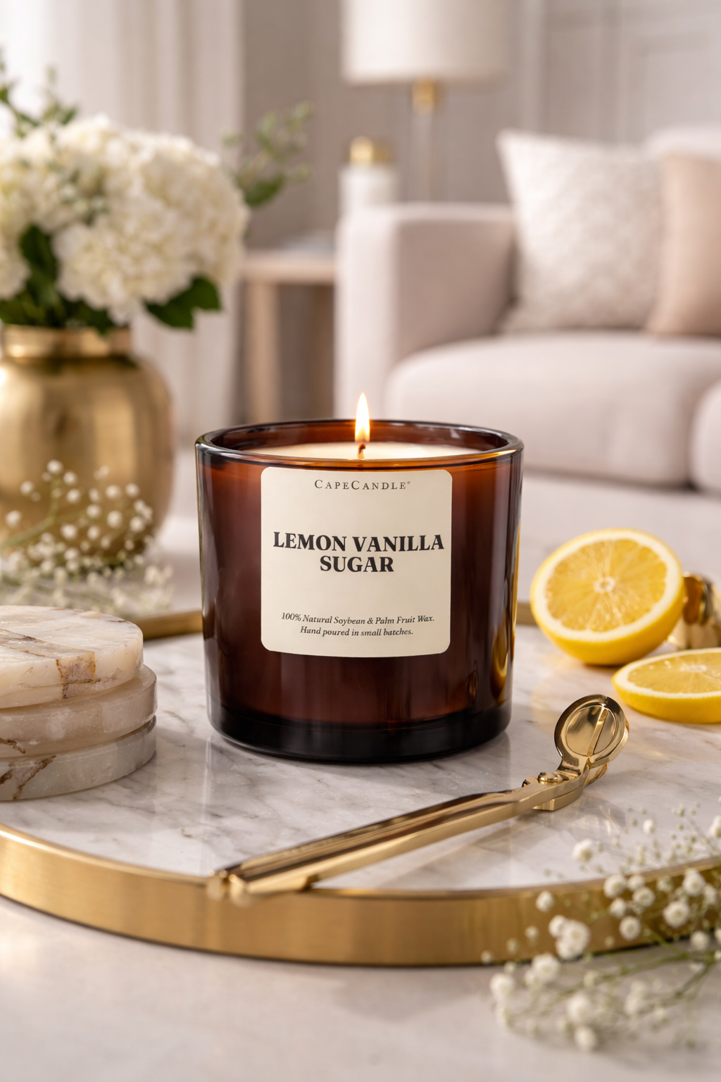 Lemon Vanilla Sugar candle on a marble surface with lemons and flowers in the background