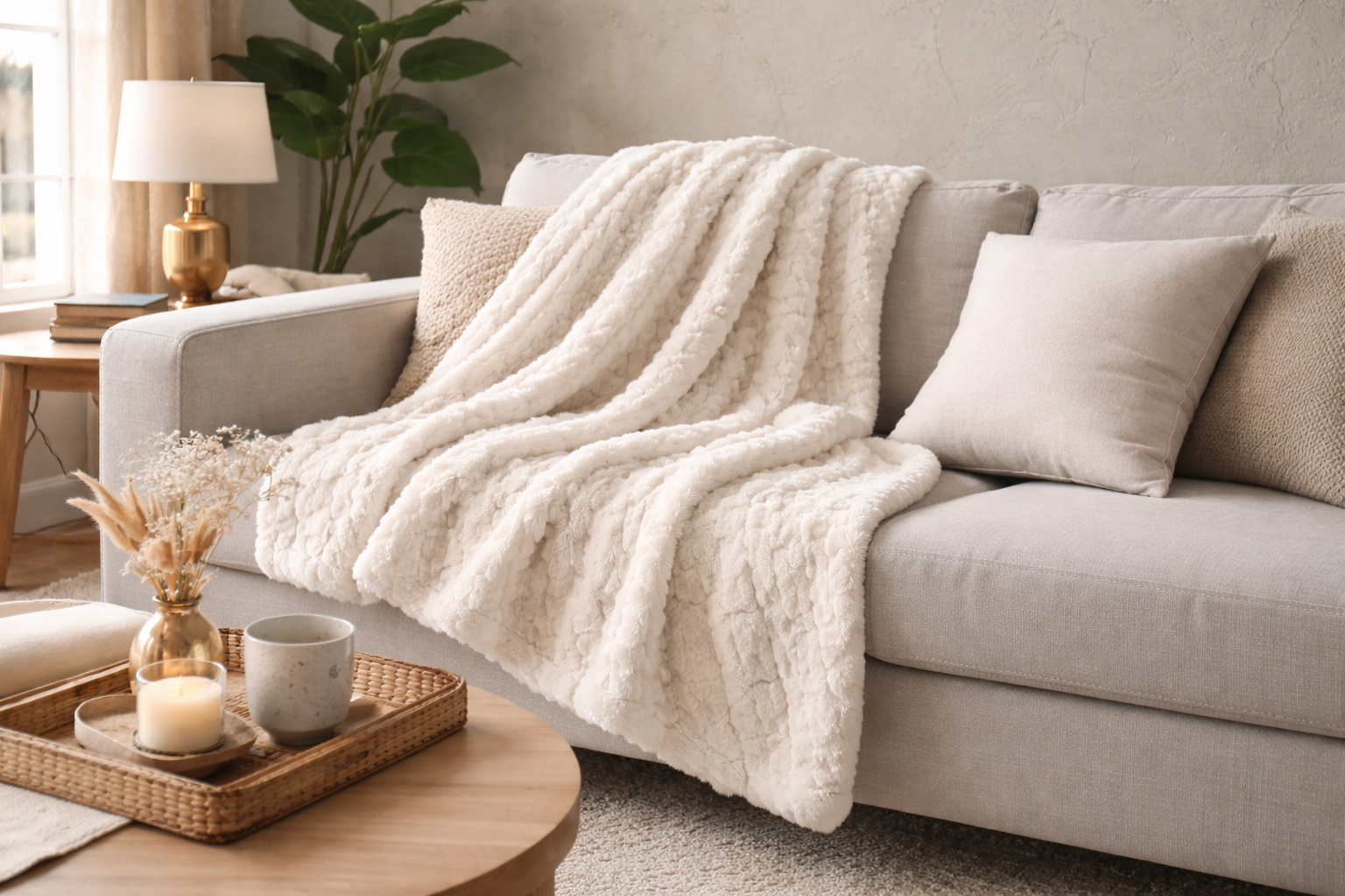Cozy living room with a beige sofa, white blanket, and decorative items.