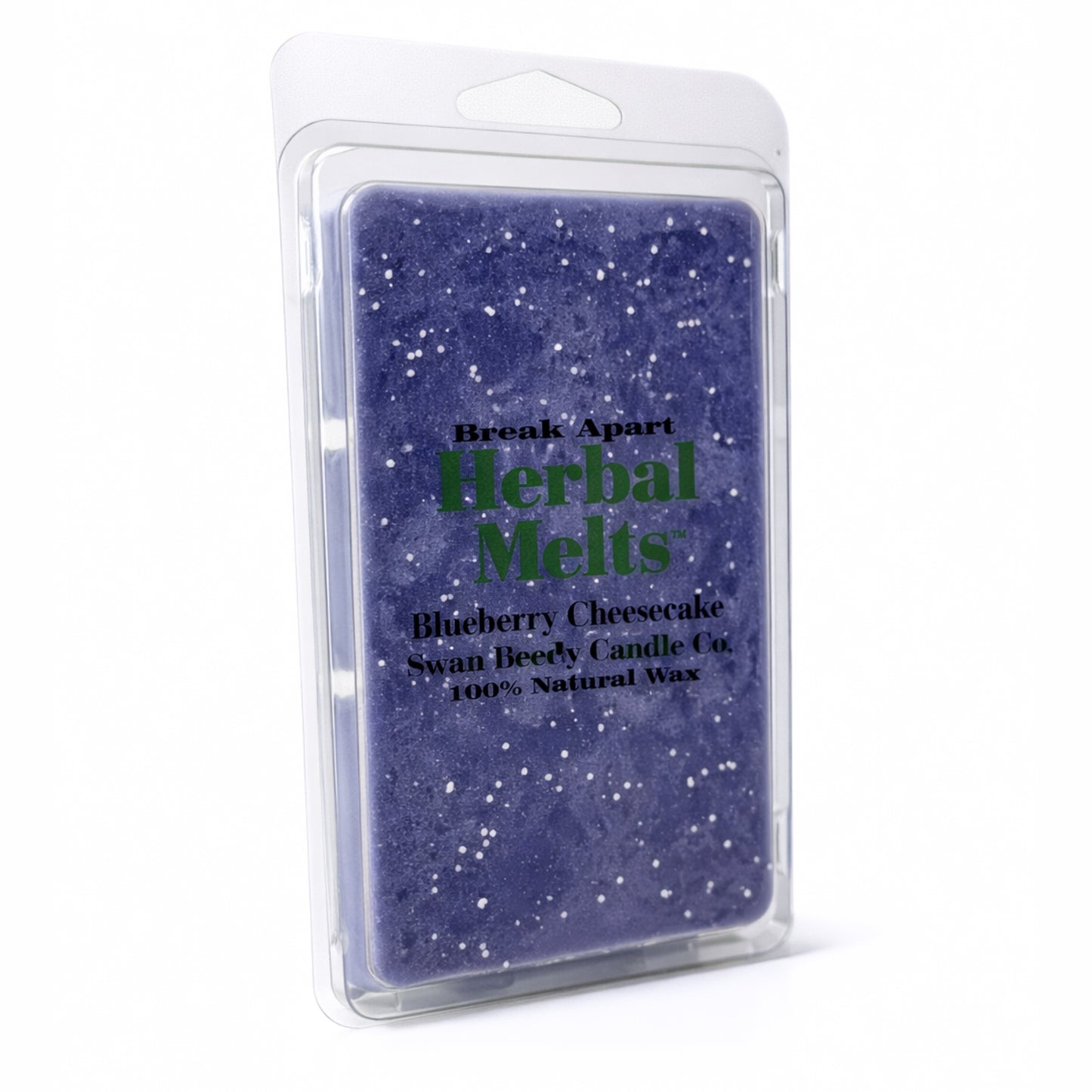 Packaged herbal melts with blue glittery texture on a white background