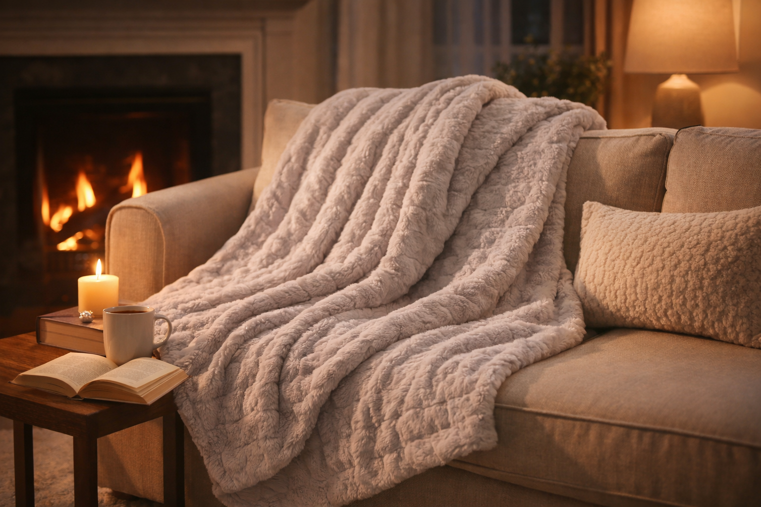 Cozy living room with a blanket draped over a sofa, candle, and book near a fireplace.