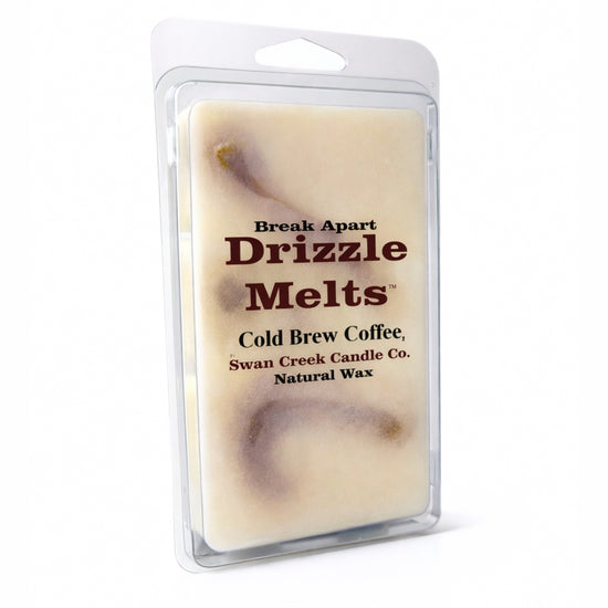Drizzle Melts wax package with 'Cold Brew Coffee' flavor from Swan Creek Candle Co. on a white background.