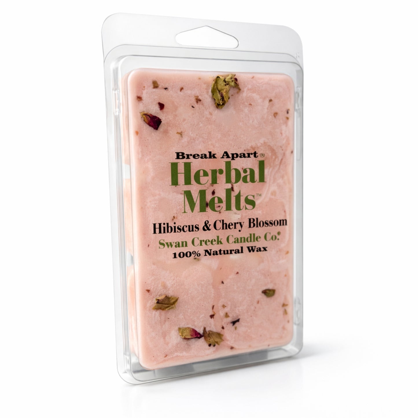 Packaged herbal wax melts with visible herbs on a white background