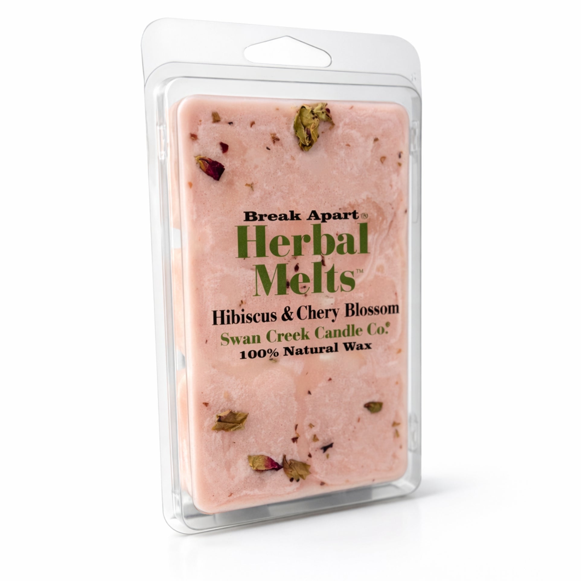 Packaged herbal wax melts with visible herbs on a white background