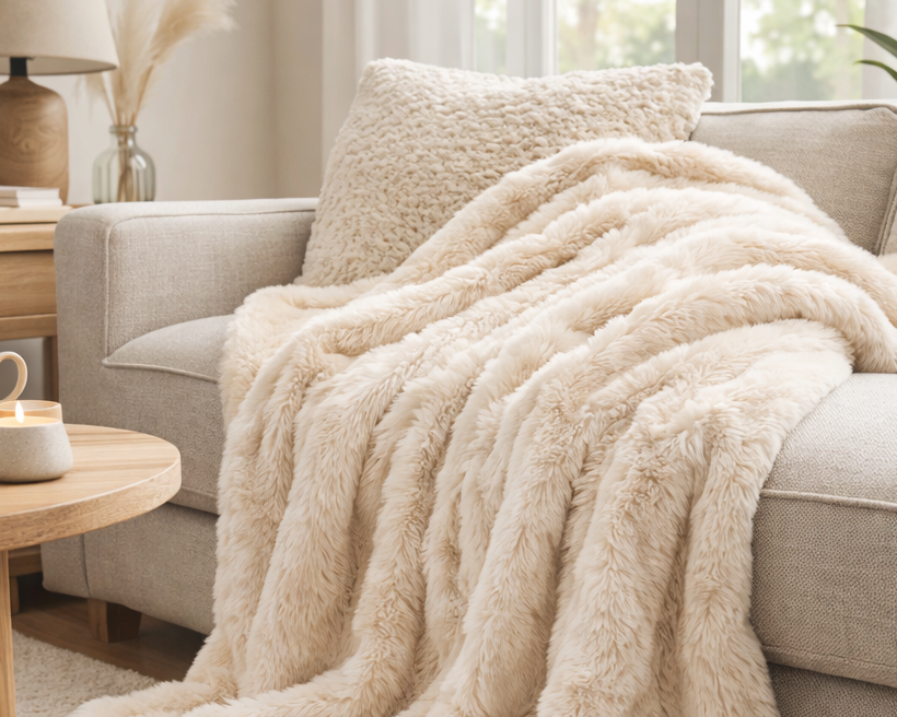 Beige fluffy blanket draped over a sofa in a cozy living room.