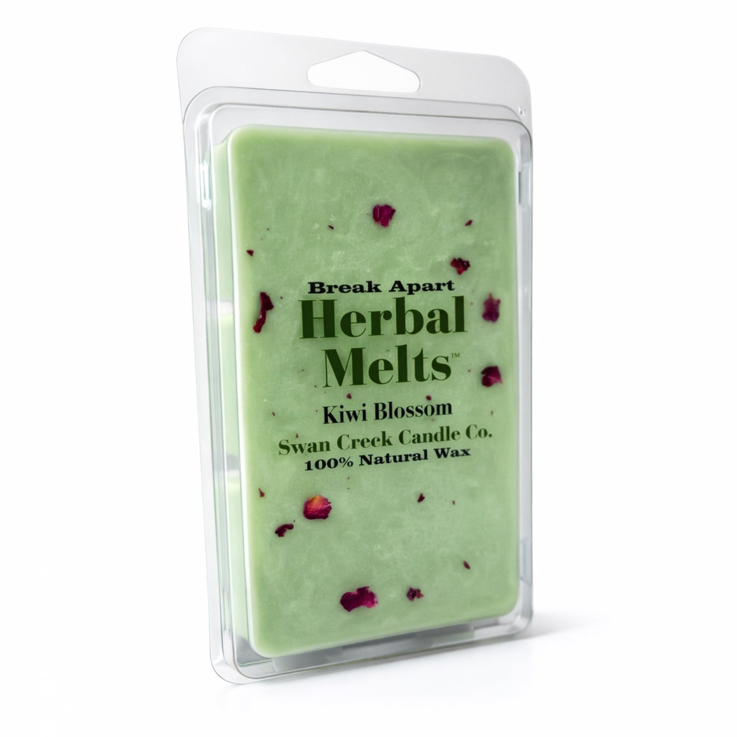 Green wax melt package with 'Herbal Melts' branding on a white background