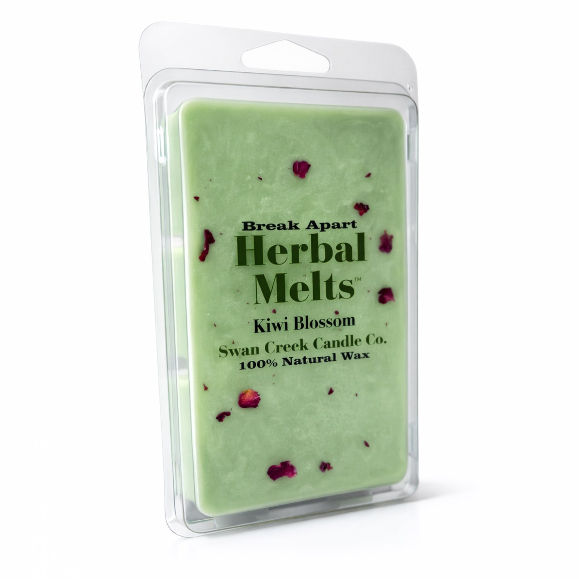 Green wax melt package with 'Herbal Melts' branding on a white background