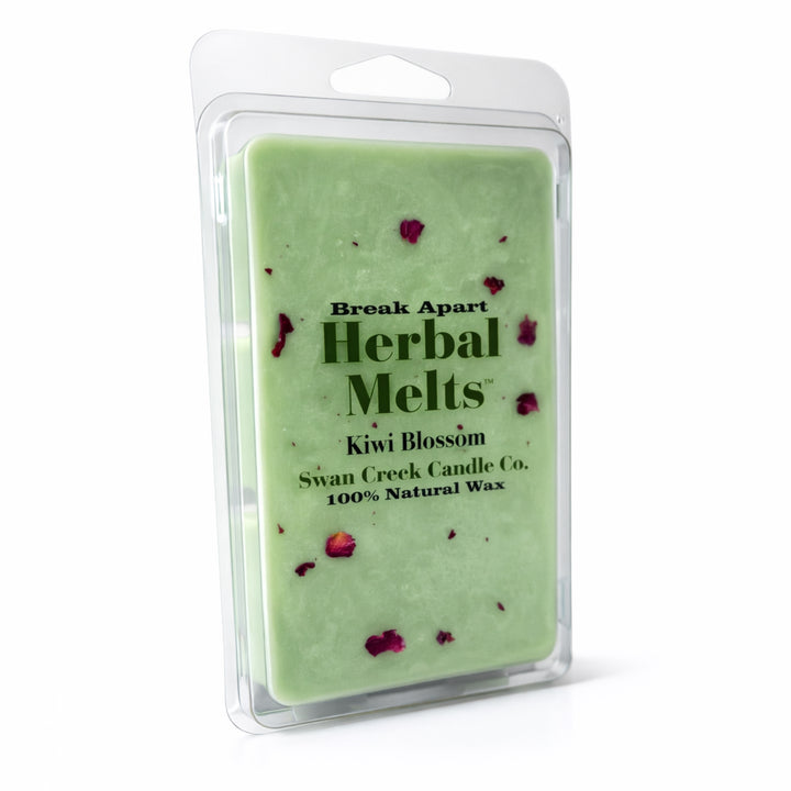 Green wax melt package with 'Herbal Melts' branding on a white background