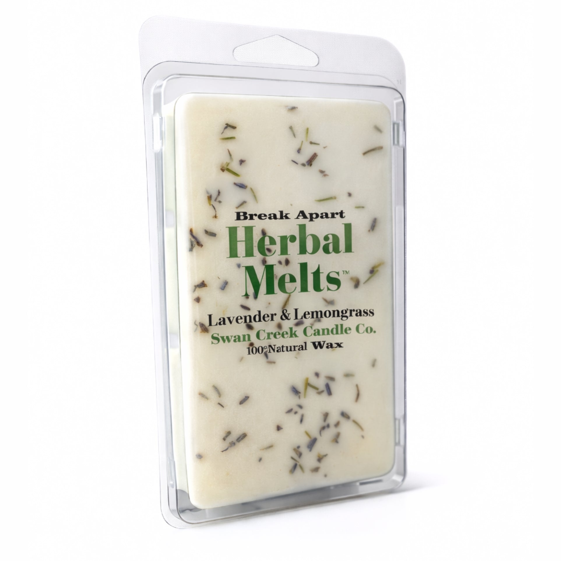 Herbal Melts wax melt packaging with lavender and lemongrass fragrance on a white background
