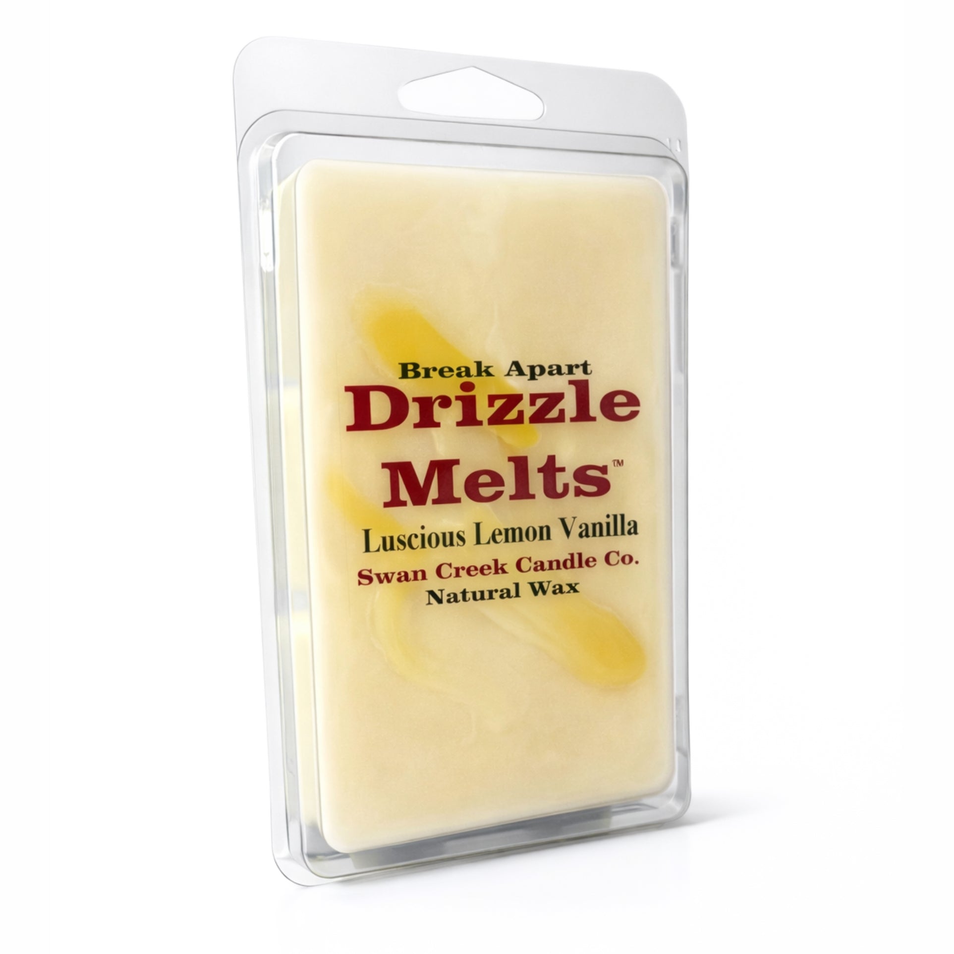 Packaged wax melts with 'Drizzle Melts' branding on a white background