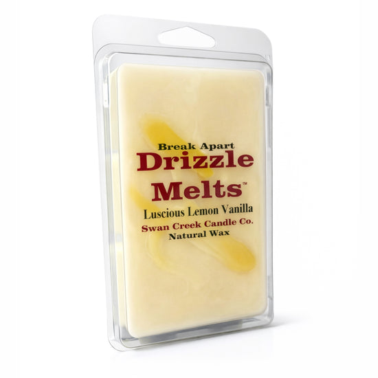 Packaged wax melts with 'Drizzle Melts' branding on a white background