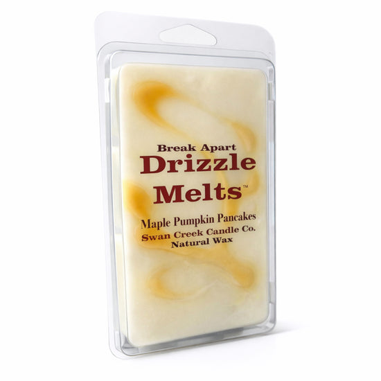 Drizzle Melts wax bar packaging with 'Maple Pumpkin Pancakes' flavor on a white background