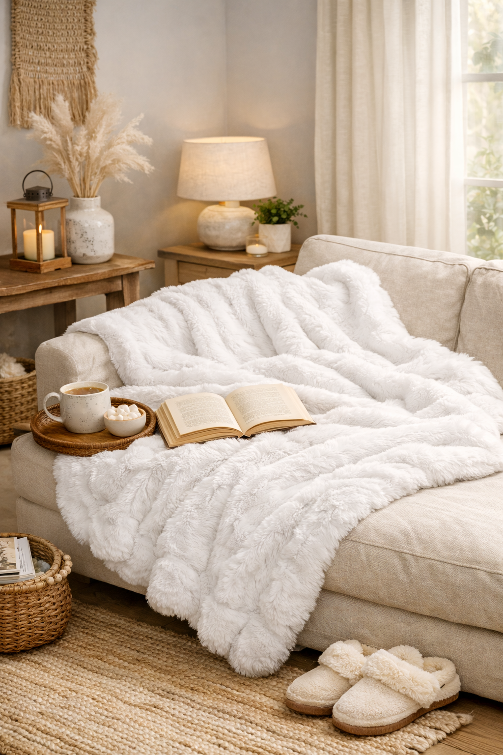 Cozy living room with a white textured blanket draped over a sofa, a book, and a cup on a small table.