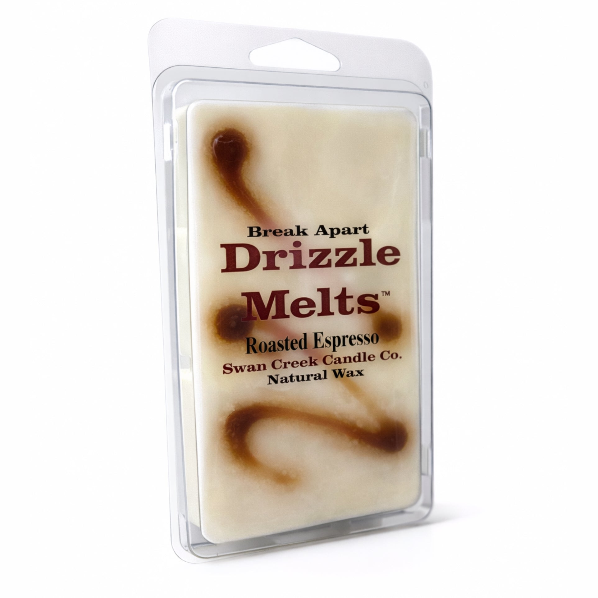 Drizzle Melts wax package with 'Roasted Espresso' flavor on a white background