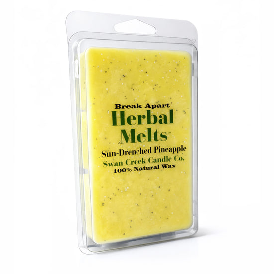 Yellow wax melt package with 'Break Apart Herbal Melts' text on a white background