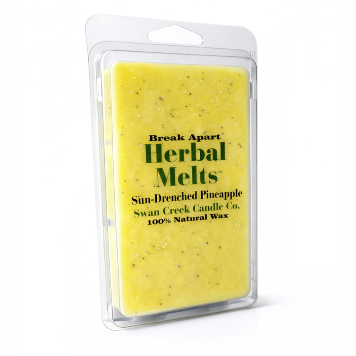 Yellow wax melt package with 'Break Apart Herbal Melts' text on a white background
