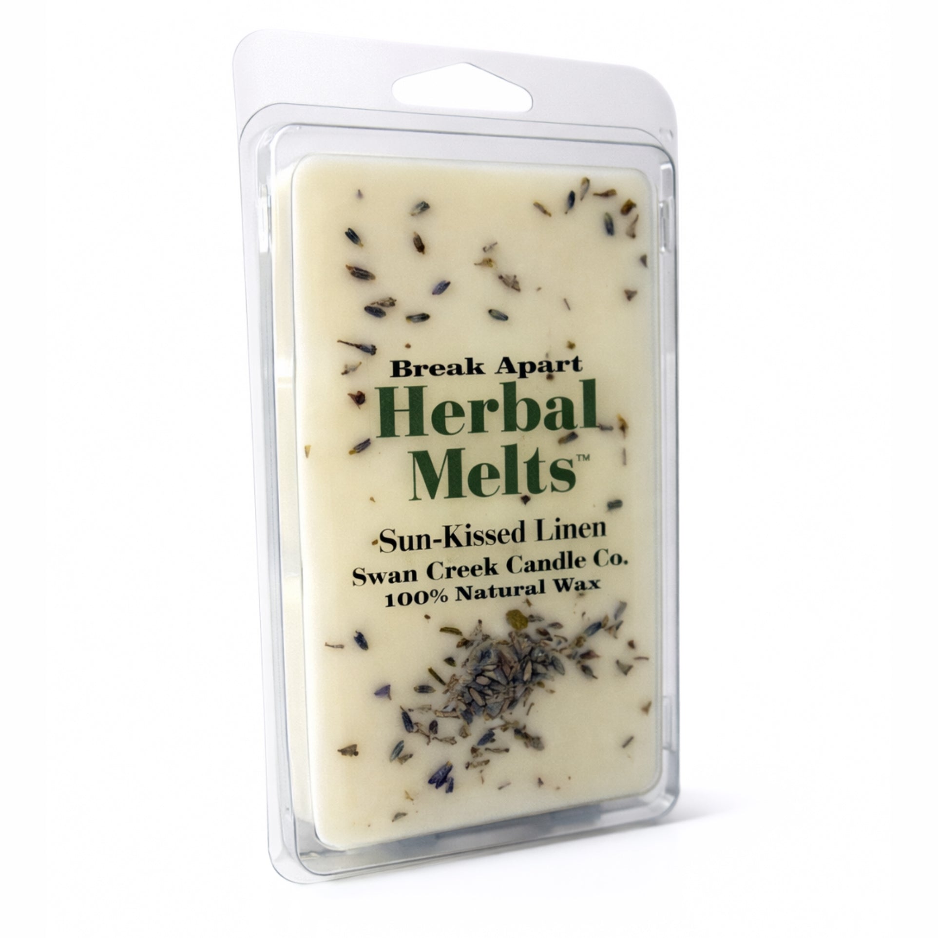Herbal wax melt package with lavender pieces on a white background