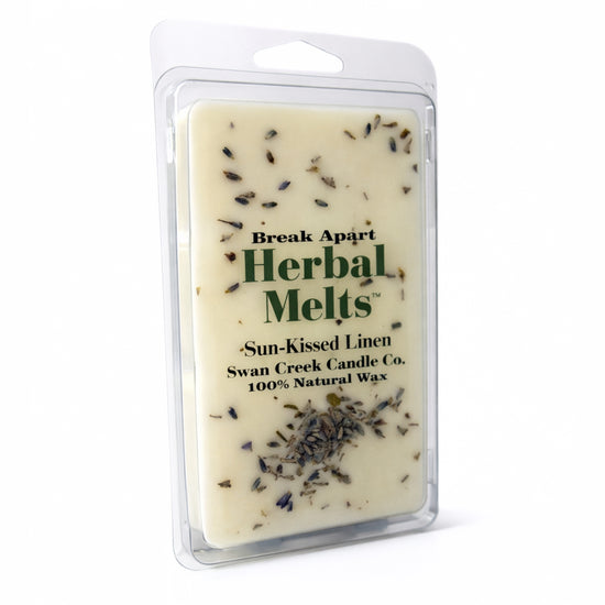 Herbal wax melt package with lavender pieces on a white background