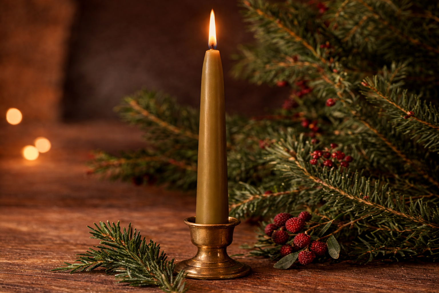 Bayberry Candle  in a brass holder with Christmas decorations on a wooden surface. Bayberry springs on the table.