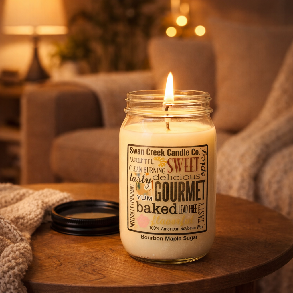 Candle in a mason jar with a label on a wooden table in a cozy living room.