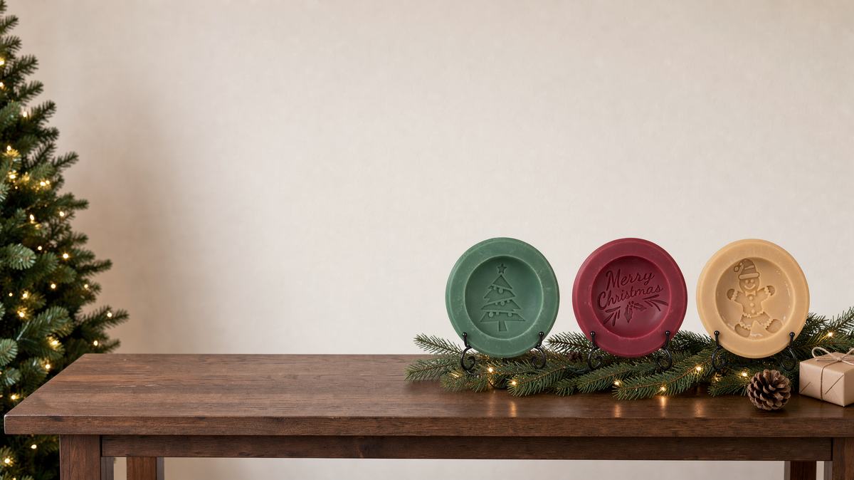 Three holiday scented vessels on black stands at the right end of a long wood console with a fir garland, Christmas tree out of focus at left: Frasier Fir, Christmas Simmer, Gingerbread. Generated picture.