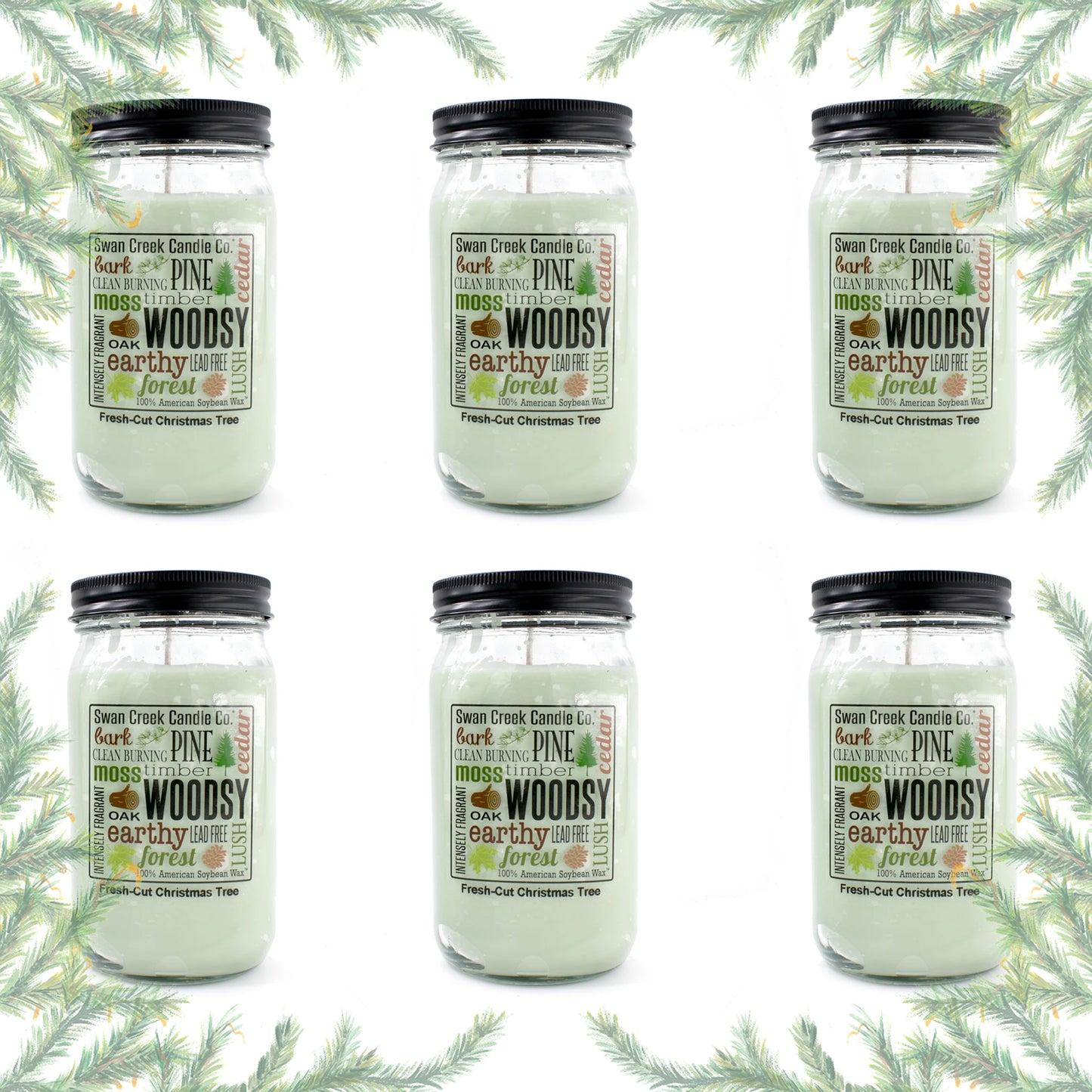 Fresh Cut Christmas Tree 24oz Soy Candle Pantry Jar (6 Pack) by Swan Creek Candle