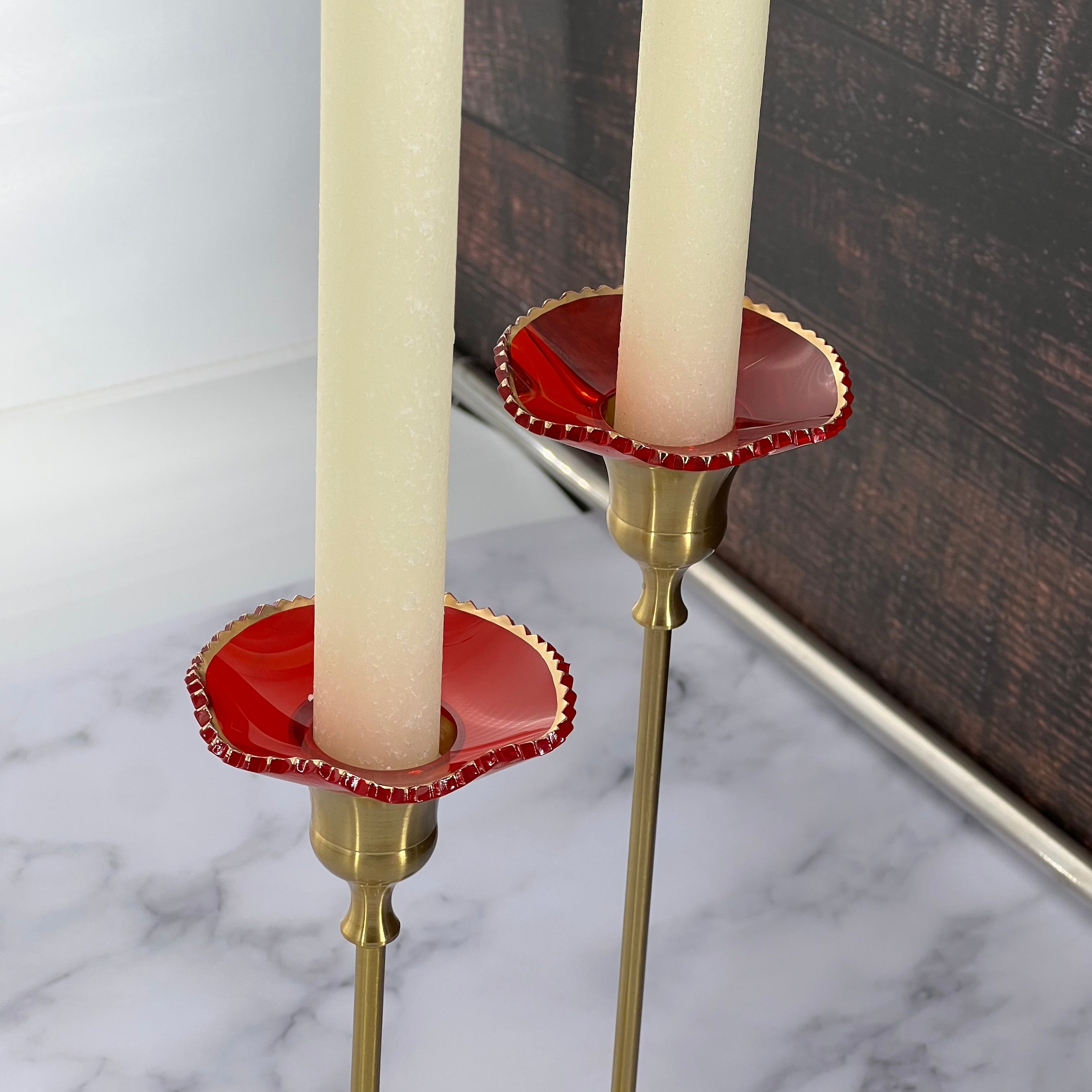 Bobeche - SET OF 2 Red Fluted Glass with Gold Ridged Rim 2.75 Inch